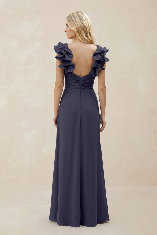 Ruffled Sleeves A - Line Chiffon Sweetheart Bridesmaid Dress in Dusk Blue - KISS BRIDAL Bridesmaid Dresses