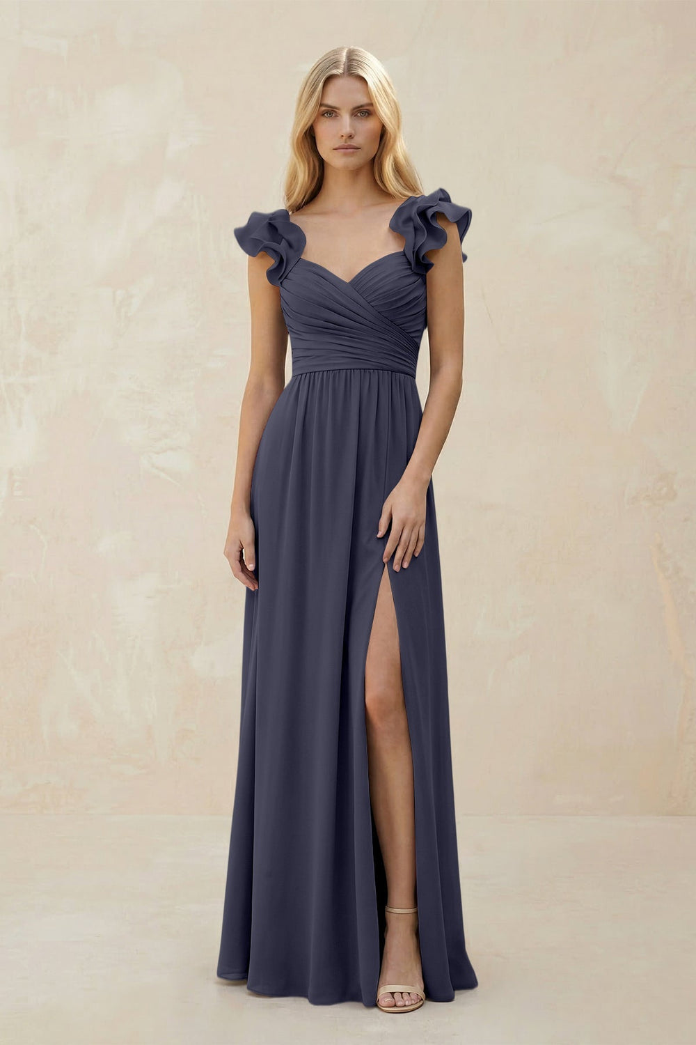 Ruffled Sleeves A - Line Chiffon Sweetheart Bridesmaid Dress in Dusk Blue - KISS BRIDAL Bridesmaid Dresses
