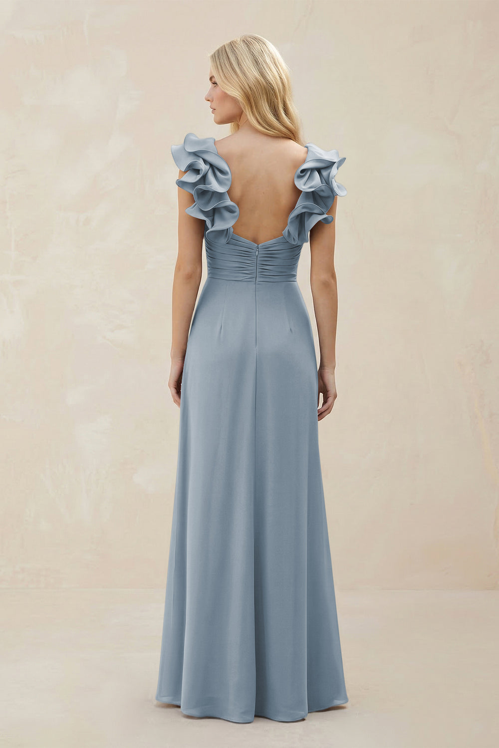 Ruffled Sleeves A-Line Chiffon Sweetheart Bridesmaid Dress in Dusty Blue