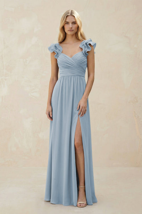 Ruffled Sleeves A - Line Chiffon Sweetheart Bridesmaid Dress in Dusty Blue - KISS BRIDAL Bridesmaid Dresses