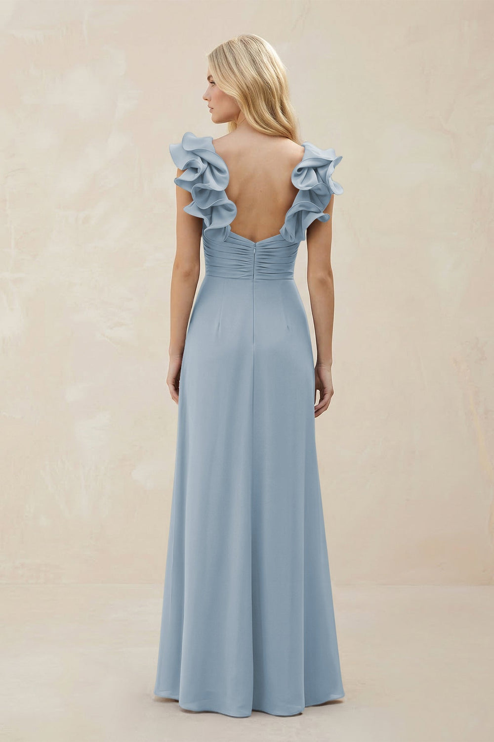 Ruffled Sleeves A - Line Chiffon Sweetheart Bridesmaid Dress in Dusty Blue - KISS BRIDAL Bridesmaid Dresses