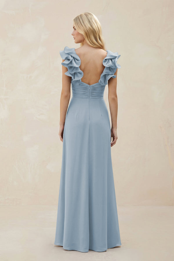 Ruffled Sleeves A - Line Chiffon Sweetheart Bridesmaid Dress in Dusty Blue - KISS BRIDAL Bridesmaid Dresses