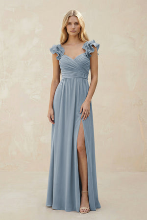 Ruffled Sleeves A-Line Chiffon Sweetheart Bridesmaid Dress in Dusty Blue | KISSBRIDAL