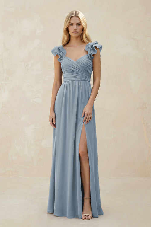 Ruffled Sleeves A-Line Chiffon Sweetheart Bridesmaid Dress in Dusty Blue | KISSBRIDAL