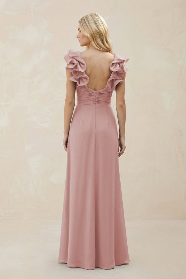 Ruffled Sleeves A - Line Chiffon Sweetheart Bridesmaid Dress in Dusty Rose - KISS BRIDAL Bridesmaid Dresses