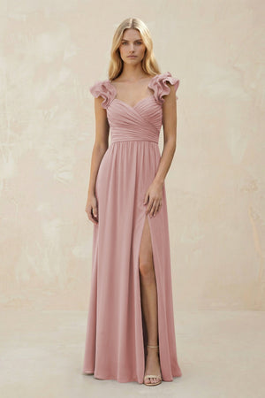 Ruffled Sleeves A - Line Chiffon Sweetheart Bridesmaid Dress in Dusty Rose - KISS BRIDAL Bridesmaid Dresses