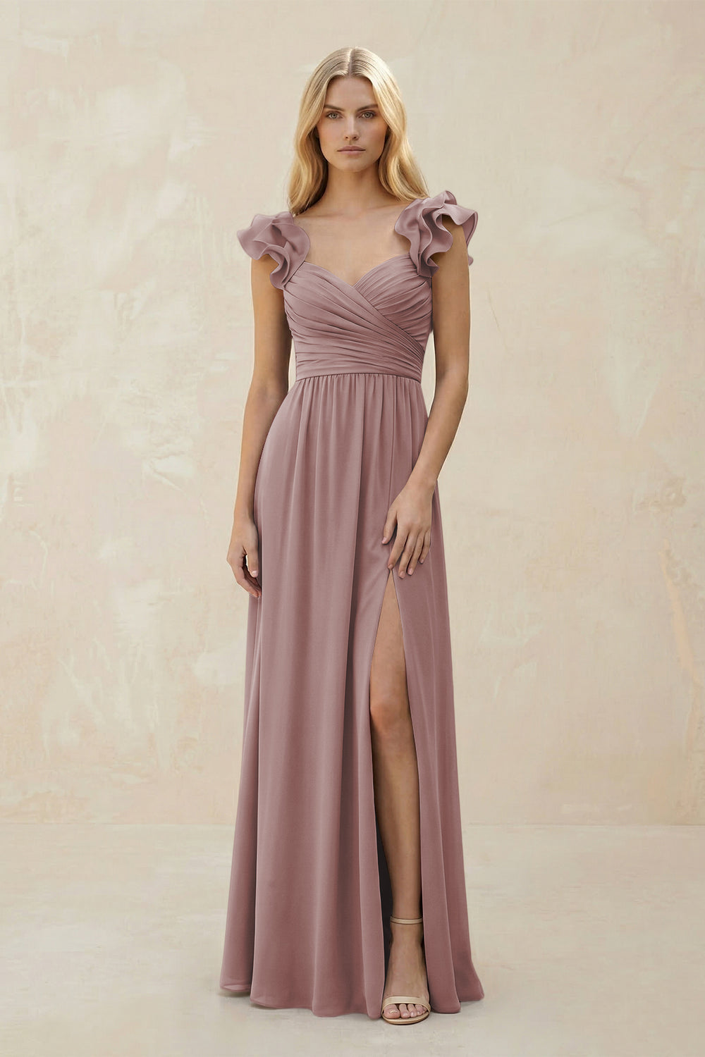 Ruffled Sleeves A-Line Chiffon Sweetheart Bridesmaid Dress in Dusty Rose
