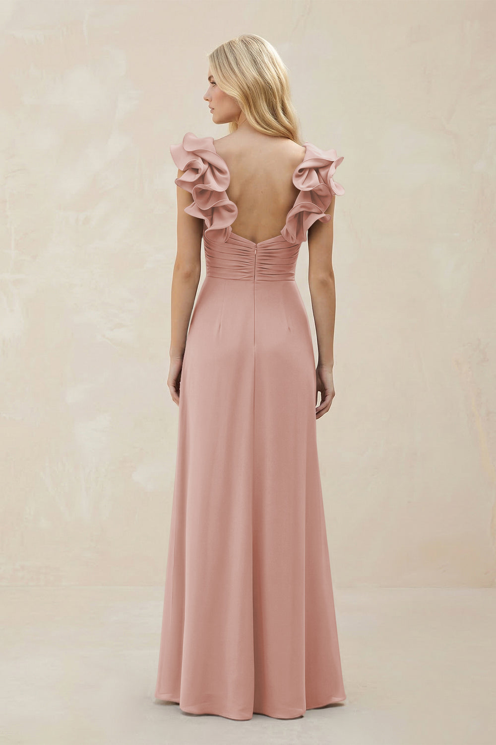 Ruffled Sleeves A-Line Chiffon Sweetheart Bridesmaid Dress in English Rose