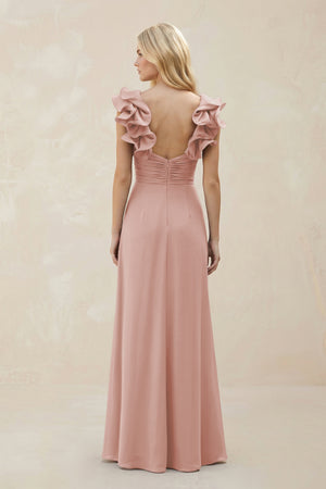 Ruffled Sleeves A-Line Chiffon Sweetheart Bridesmaid Dress in English Rose (2) | KISSBRIDAL