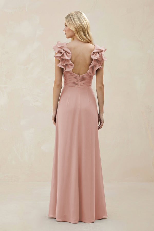 Ruffled Sleeves A-Line Chiffon Sweetheart Bridesmaid Dress in English Rose (2) | KISSBRIDAL