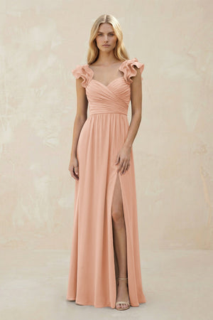 Ruffled Sleeves A - Line Chiffon Sweetheart Bridesmaid Dress in English Rose - KISS BRIDAL Bridesmaid Dresses
