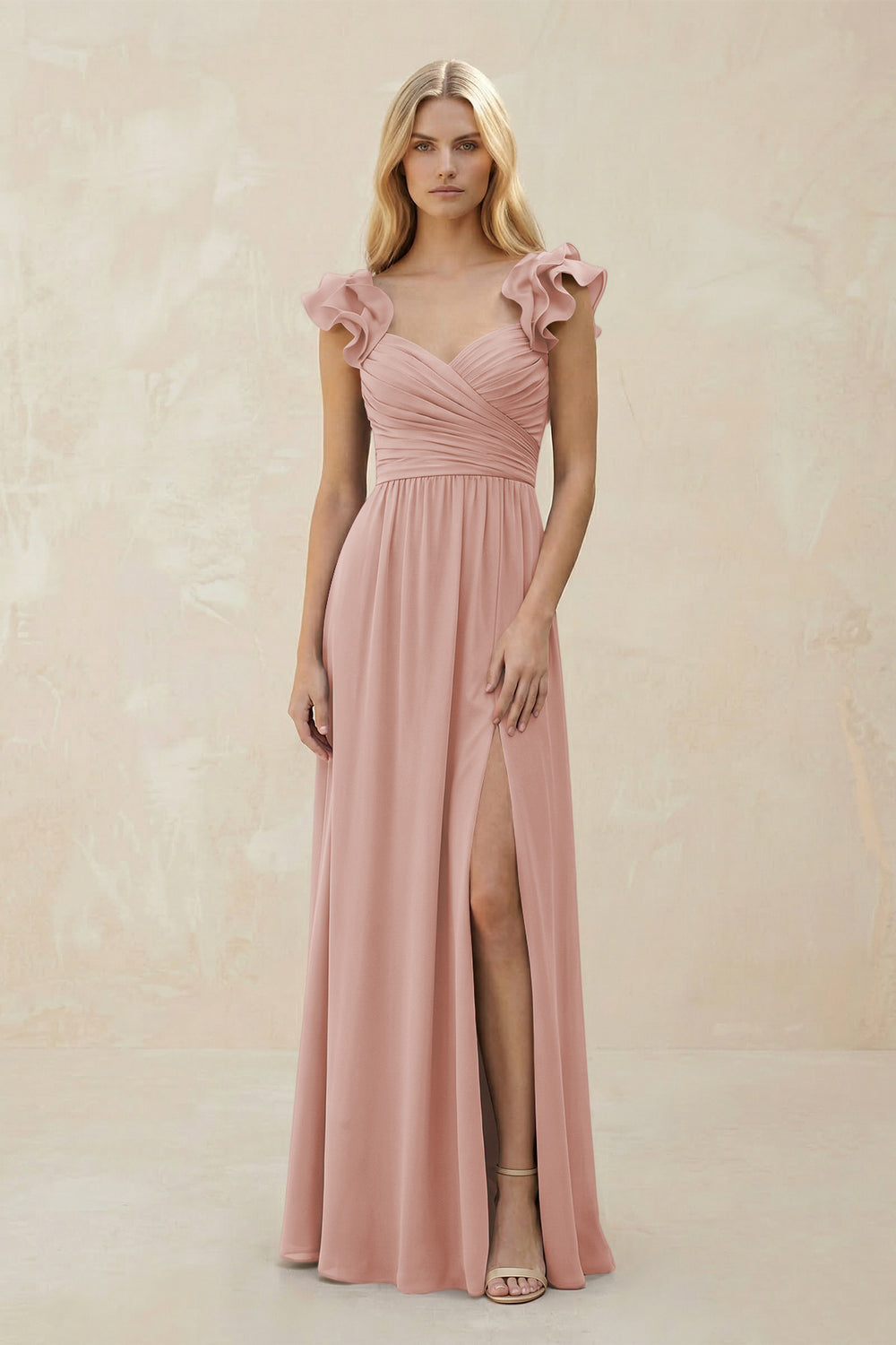 Ruffled Sleeves A-Line Chiffon Sweetheart Bridesmaid Dress in English Rose