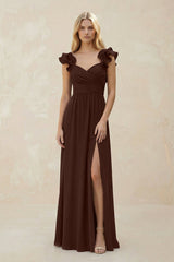 Ruffled Sleeves A - Line Chiffon Sweetheart Bridesmaid Dress in Espresso - KISS BRIDAL Bridesmaid Dresses