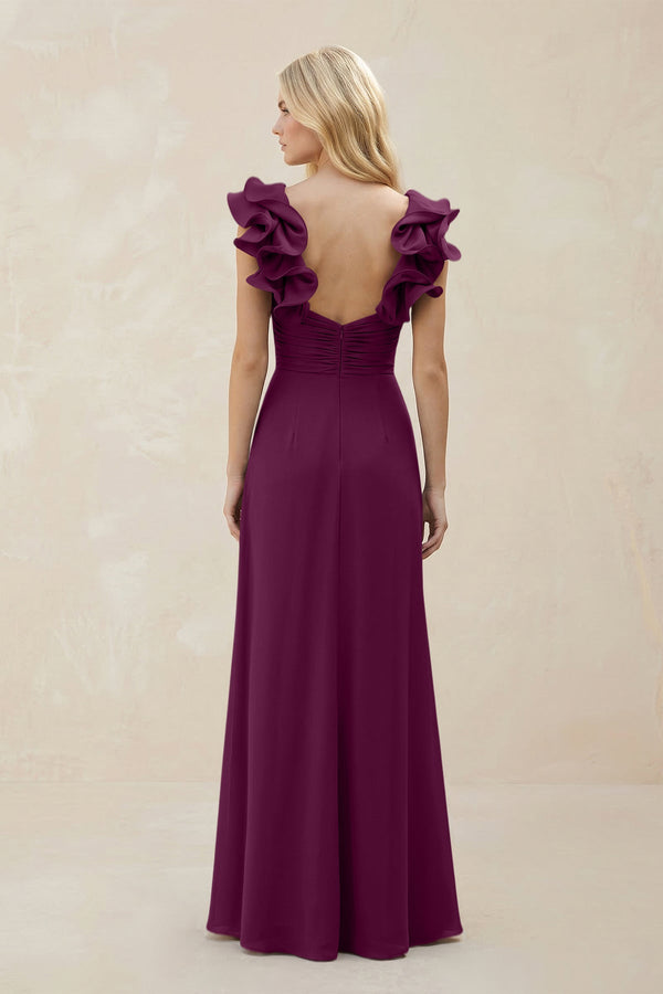 Ruffled Sleeves A - Line Chiffon Sweetheart Bridesmaid Dress in Fig - KISS BRIDAL Bridesmaid Dresses