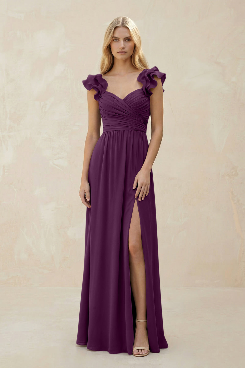 Ruffled Sleeves A-Line Chiffon Sweetheart Bridesmaid Dress in Fig