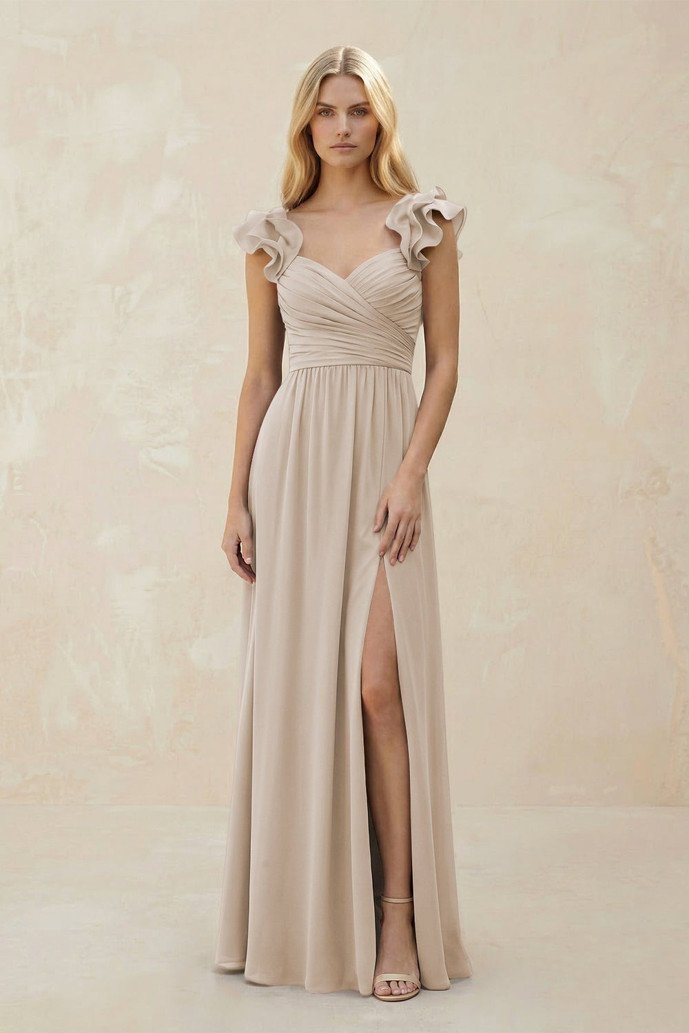 Ruffled Sleeves A - Line Chiffon Sweetheart Bridesmaid Dress in Frost - KISS BRIDAL Bridesmaid Dresses