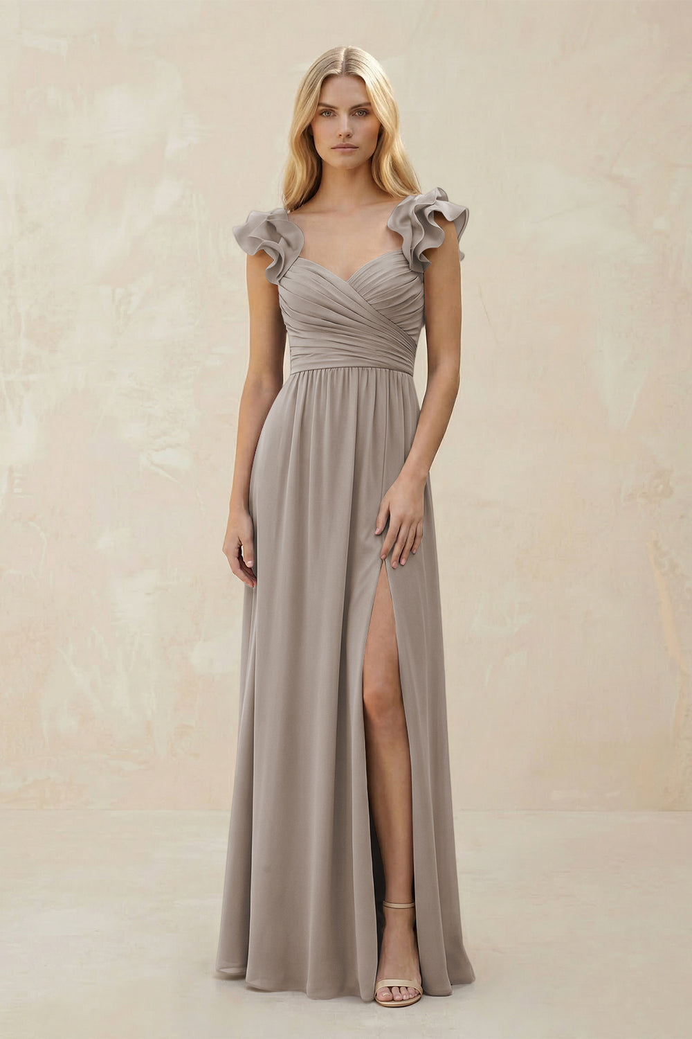 Ruffled Sleeves A-Line Chiffon Sweetheart Bridesmaid Dress in Frost