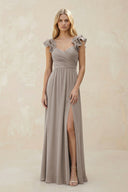 Ruffled Sleeves A-Line Chiffon Sweetheart Bridesmaid Dress in Frost | KISSBRIDAL