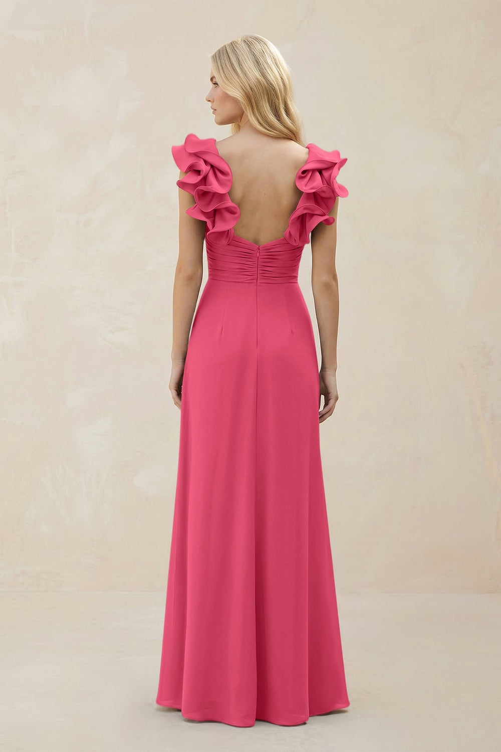 Ruffled Sleeves A - Line Chiffon Sweetheart Bridesmaid Dress in Fuchsia - KISS BRIDAL Bridesmaid Dresses