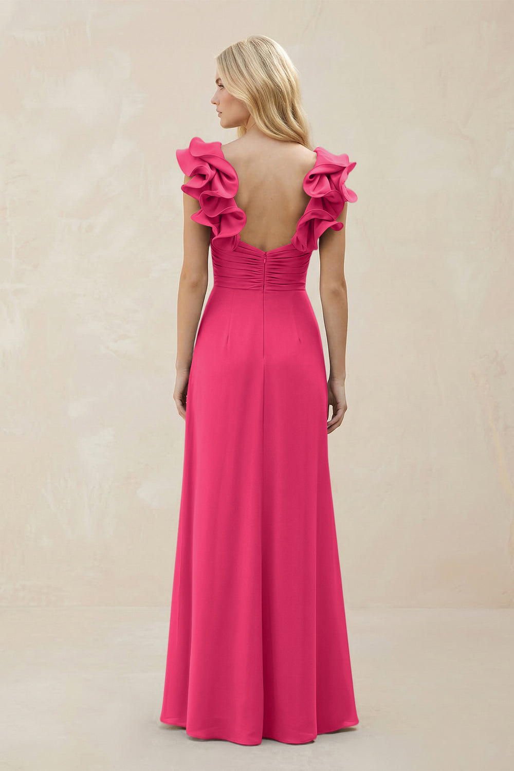 Ruffled Sleeves A-Line Chiffon Sweetheart Bridesmaid Dress in Fuchsia