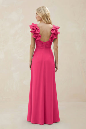 Ruffled Sleeves A-Line Chiffon Sweetheart Bridesmaid Dress in Fuchsia (2) | KISSBRIDAL
