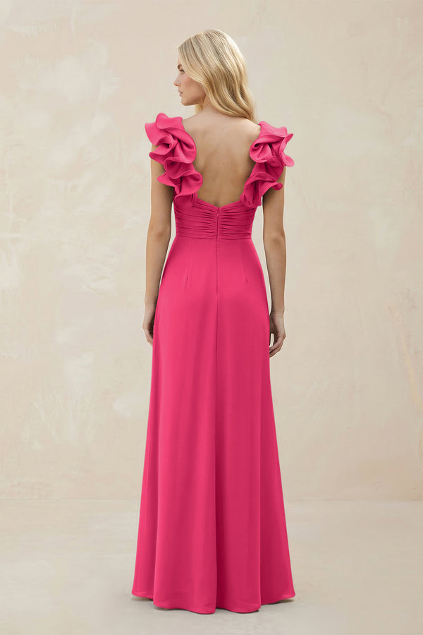Ruffled Sleeves A-Line Chiffon Sweetheart Bridesmaid Dress in Fuchsia (2) | KISSBRIDAL