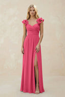 Ruffled Sleeves A - Line Chiffon Sweetheart Bridesmaid Dress in Fuchsia - KISS BRIDAL Bridesmaid Dresses
