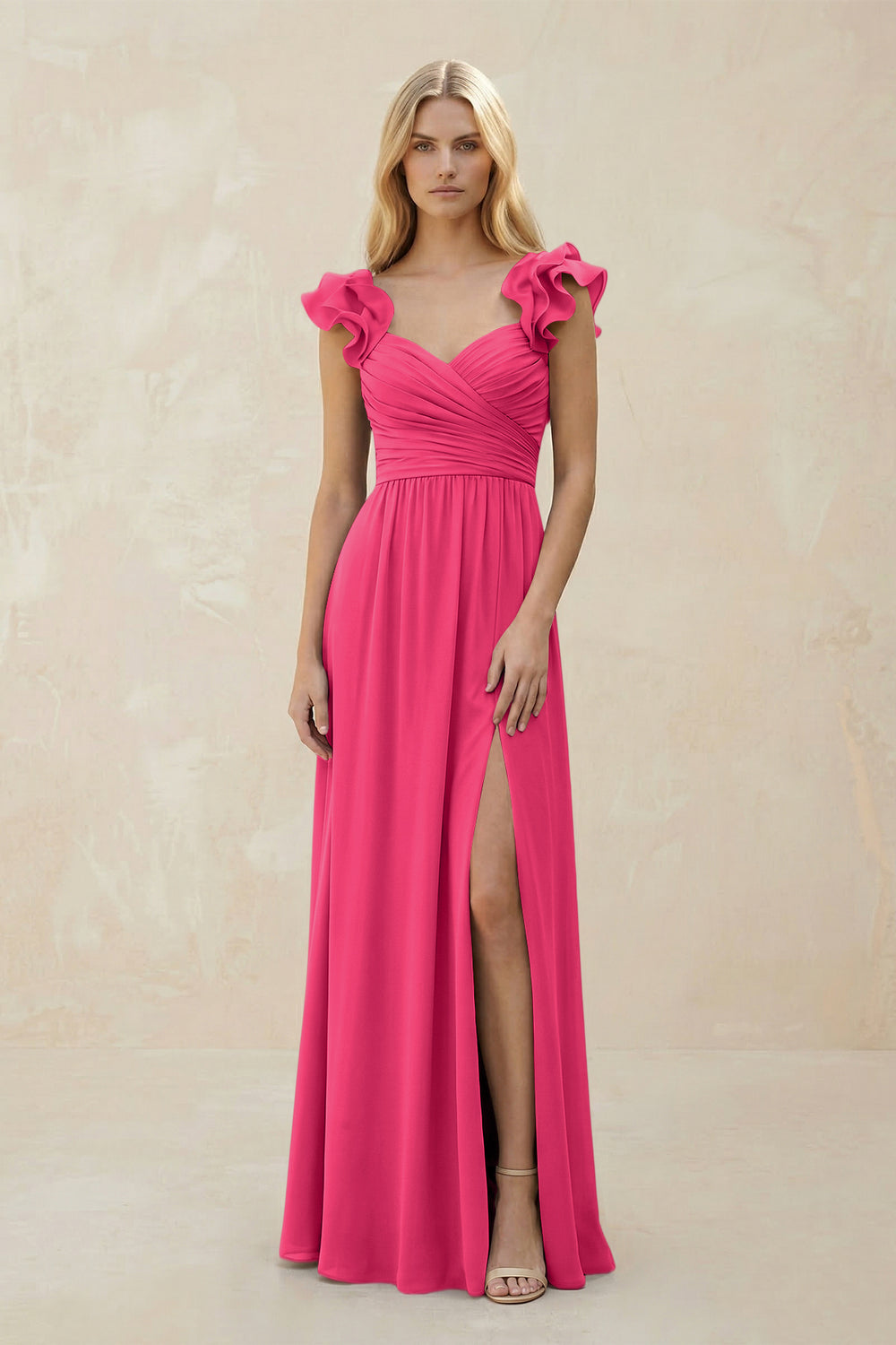 Ruffled Sleeves A-Line Chiffon Sweetheart Bridesmaid Dress in Fuchsia