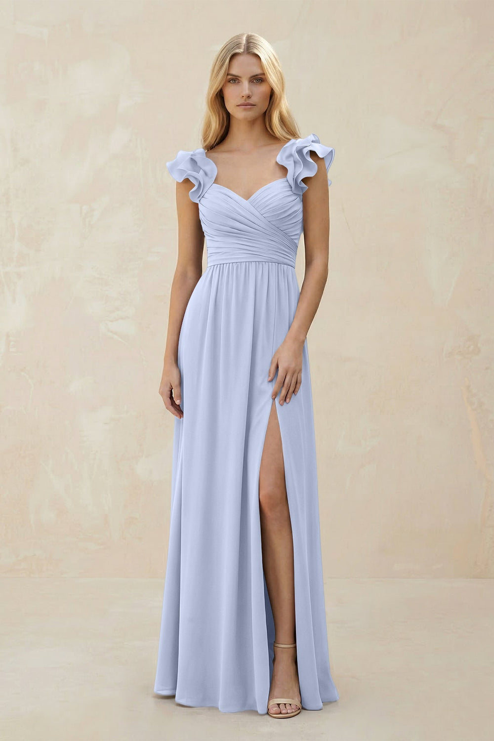 Ruffled Sleeves A - Line Chiffon Sweetheart Bridesmaid Dress in Ice - KISS BRIDAL Bridesmaid Dresses