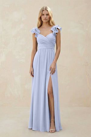 Ruffled Sleeves A - Line Chiffon Sweetheart Bridesmaid Dress in Ice - KISS BRIDAL Bridesmaid Dresses