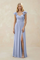 Ruffled Sleeves A-Line Chiffon Sweetheart Bridesmaid Dress in Ice | KISSBRIDAL