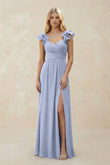 Ruffled Sleeves A-Line Chiffon Sweetheart Bridesmaid Dress in Ice | KISSBRIDAL