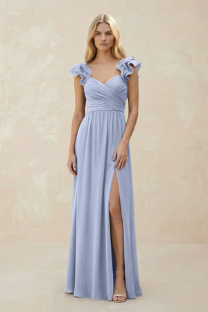 Ruffled Sleeves A-Line Chiffon Sweetheart Bridesmaid Dress in Ice | KISSBRIDAL