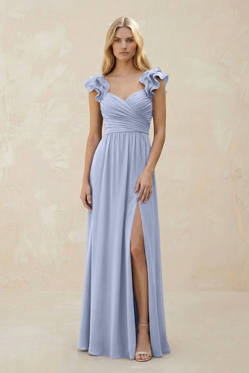 Ruffled Sleeves A-Line Chiffon Sweetheart Bridesmaid Dress in Ice | KISSBRIDAL