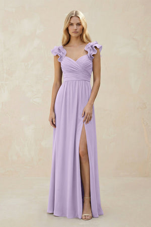Ruffled Sleeves A - Line Chiffon Sweetheart Bridesmaid Dress in Lavender - KISS BRIDAL Bridesmaid Dresses