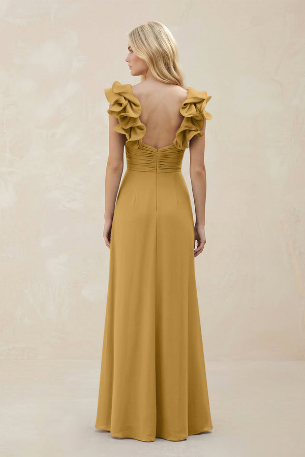 Ruffled Sleeves A-Line Chiffon Sweetheart Bridesmaid Dress in Marigold (2) | KISSBRIDAL