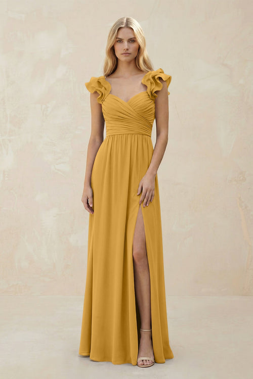 Ruffled Sleeves A - Line Chiffon Sweetheart Bridesmaid Dress in Marigold - KISS BRIDAL Bridesmaid Dresses