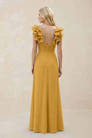 Ruffled Sleeves A - Line Chiffon Sweetheart Bridesmaid Dress in Marigold - KISS BRIDAL Bridesmaid Dresses