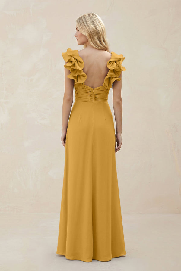 Ruffled Sleeves A - Line Chiffon Sweetheart Bridesmaid Dress in Marigold - KISS BRIDAL Bridesmaid Dresses