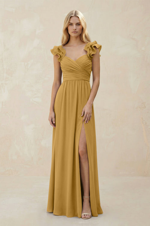 Ruffled Sleeves A-Line Chiffon Sweetheart Bridesmaid Dress in Marigold | KISSBRIDAL