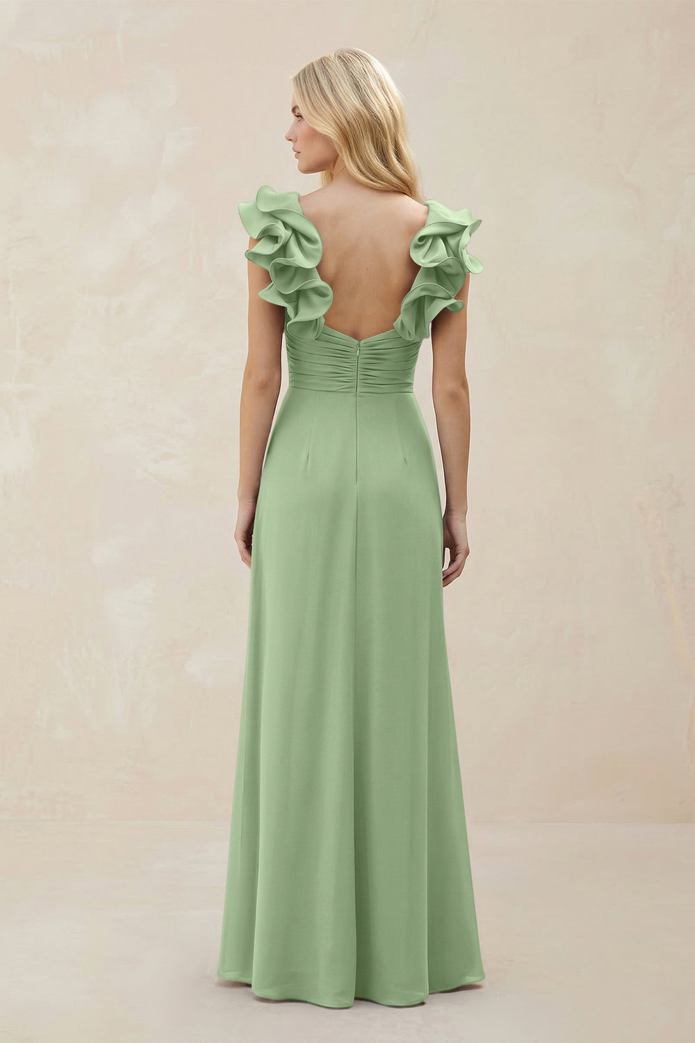 Ruffled Sleeves A-Line Chiffon Sweetheart Bridesmaid Dress in Matcha