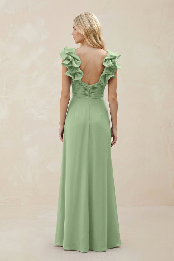 Ruffled Sleeves A-Line Chiffon Sweetheart Bridesmaid Dress in Matcha (2) | KISSBRIDAL