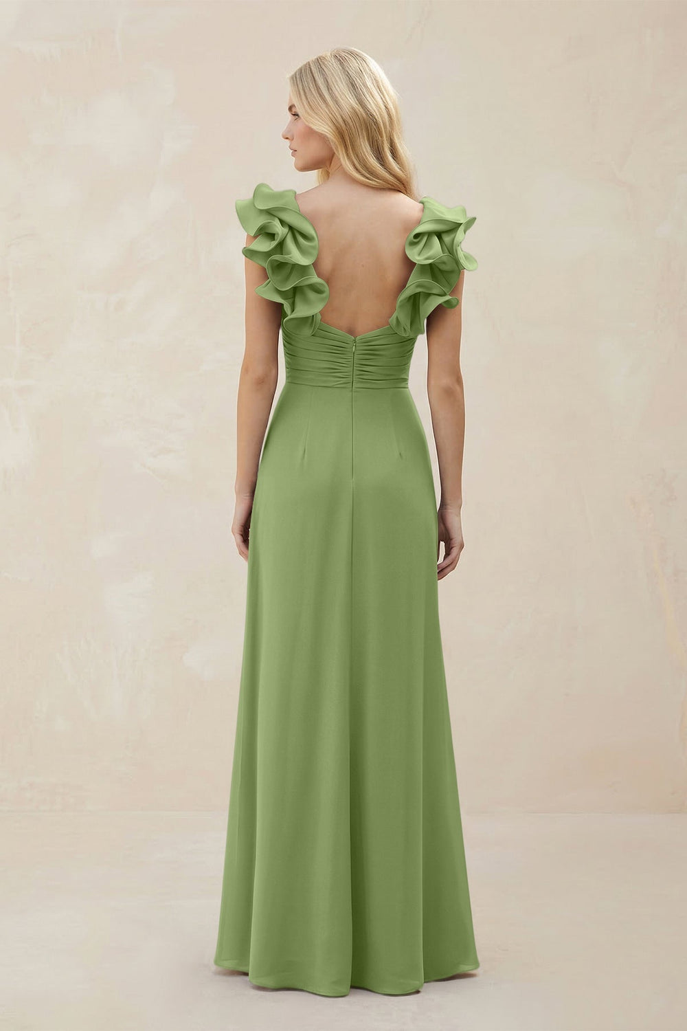 Ruffled Sleeves A - Line Chiffon Sweetheart Bridesmaid Dress in Matcha - KISS BRIDAL Bridesmaid Dresses