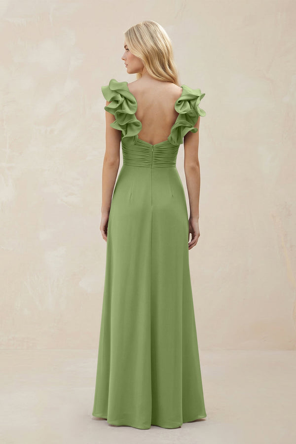 Ruffled Sleeves A - Line Chiffon Sweetheart Bridesmaid Dress in Matcha - KISS BRIDAL Bridesmaid Dresses