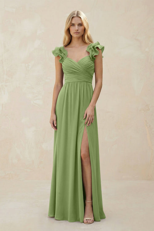 Ruffled Sleeves A - Line Chiffon Sweetheart Bridesmaid Dress in Matcha - KISS BRIDAL Bridesmaid Dresses