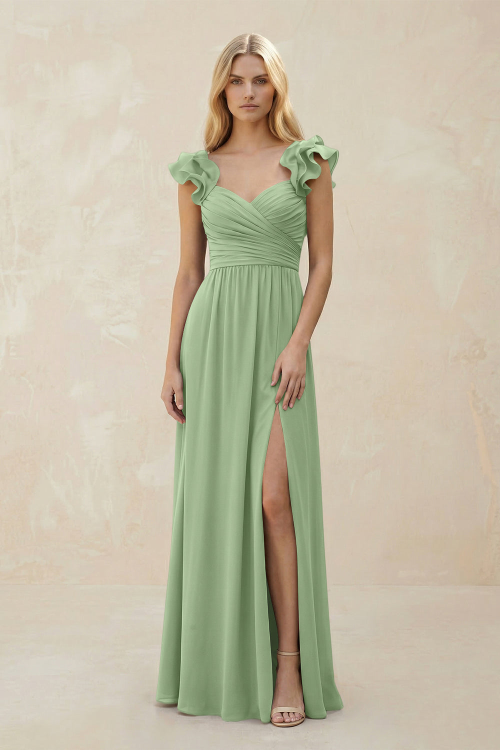 Ruffled Sleeves A-Line Chiffon Sweetheart Bridesmaid Dress in Matcha