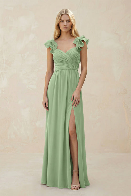 Ruffled Sleeves A-Line Chiffon Sweetheart Bridesmaid Dress in Matcha | KISSBRIDAL