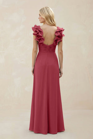 Ruffled Sleeves A-Line Chiffon Sweetheart Bridesmaid Dress in Merlot (2) | KISSBRIDAL