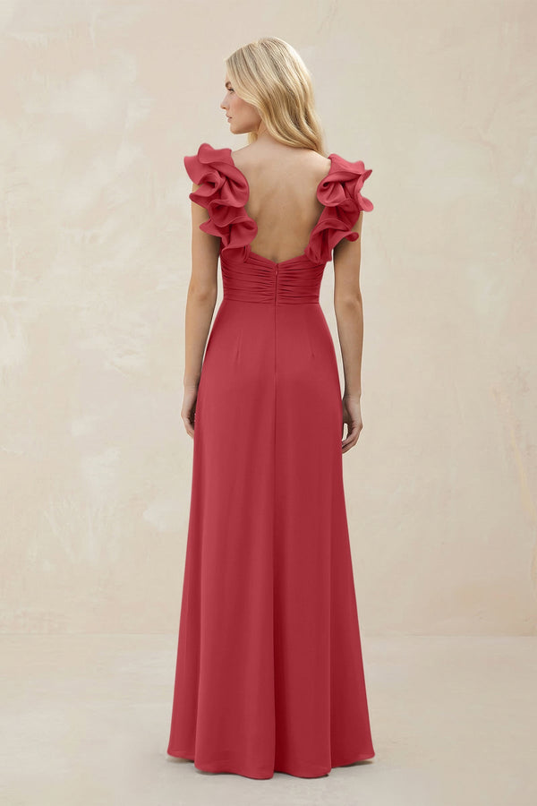 Ruffled Sleeves A - Line Chiffon Sweetheart Bridesmaid Dress in Merlot - KISS BRIDAL Bridesmaid Dresses