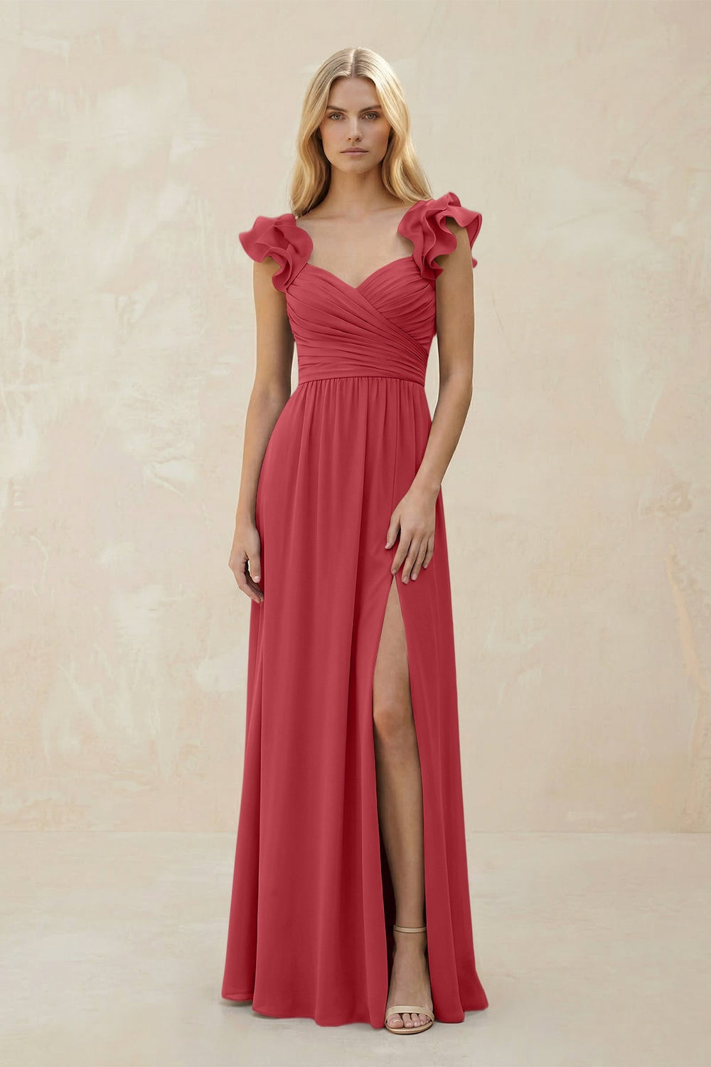 Ruffled Sleeves A - Line Chiffon Sweetheart Bridesmaid Dress in Merlot - KISS BRIDAL Bridesmaid Dresses